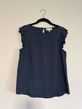 Monteau Navy and White Dot Flutter Sleeve Top